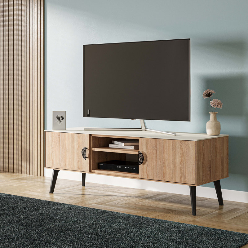 Meuble télé Haley 55 po Mid-Century, 19.96" H x 55.11" W x 18.5" D, Naturel / chair