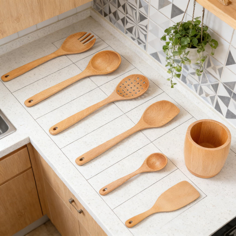 Ensemble d'ustensiles de cuisine en bois fabriqué à la main 11 pièces - Cuillères en bois de hêtre naturel, spatules et cuillères rainurées pour la cuisson, la cuisson et la sauté - Ustensiles écologiques durables avec rangement suspendu