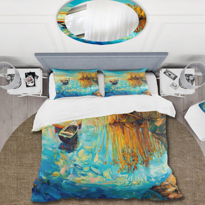 Turquoise Lake avec arbres orange pendant le coucher du soleil - ensemble de housse de couette nautique - microfibre de polyester