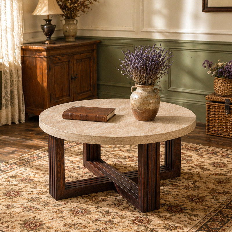 Table basse ronde avec dessus en marbre 31,5 po et base en croix brune, table de centre moderne pour le salon avec grain de bois naturel