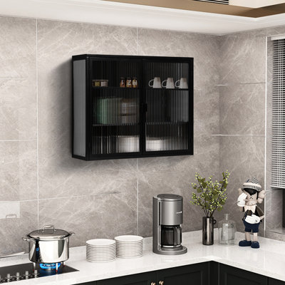 Black Wall Cabinet With Detachable Three Storage, For Living Room, Bathroom, Dining Entryway Storage And Fluted Glass Doors,