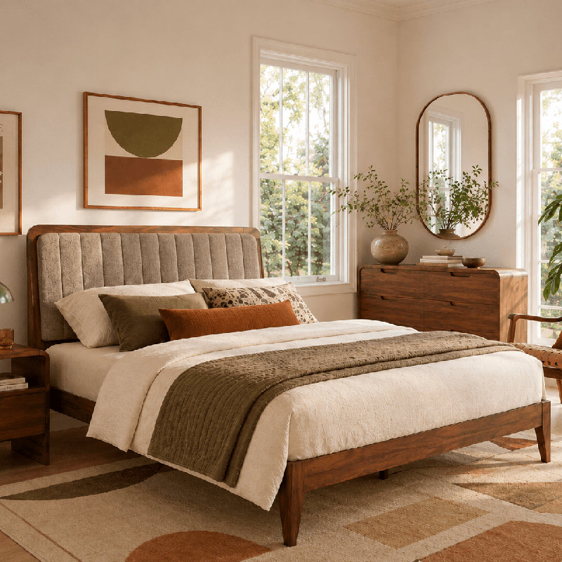 Bethelmie Solid Wood Upholstered Headboard Queen Bed Frame, Queen, Walnut/Brown