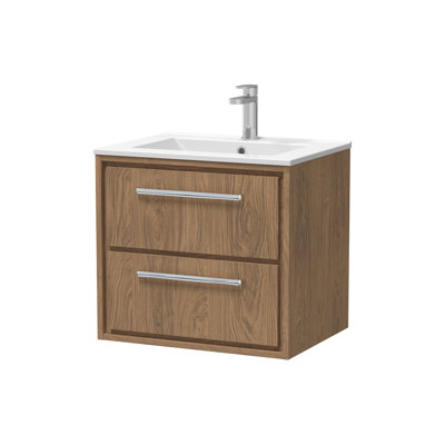 Hudson Reed Lille 600mm Antique Oak 2 Drawer  Wall Hung Vanity Unit With 1 Tap Hole Basin