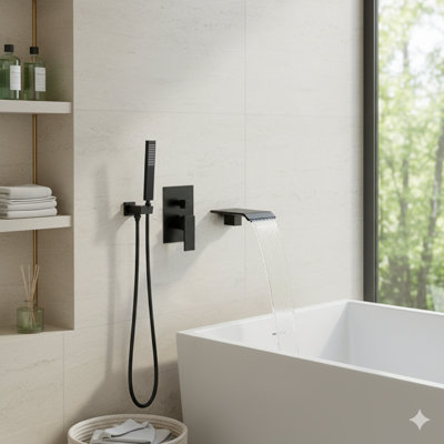 Matte Black Wall Mounted Waterfall Tub Filler with Handheld Shower and Rough-in Valve