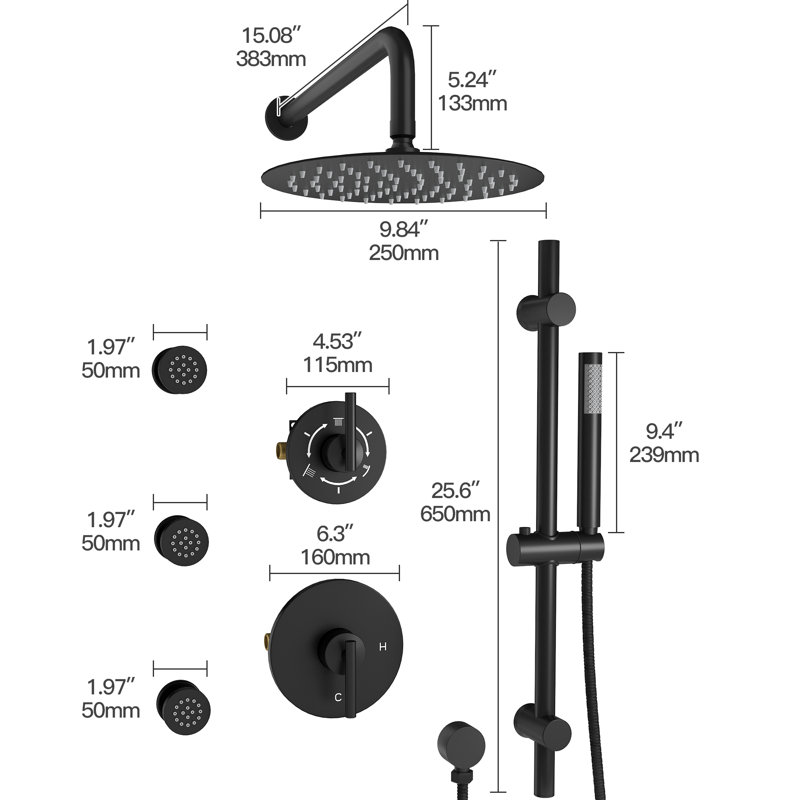 SlideLux 3-Function Wall Mounted Complete Shower System with 3 Body Jets and Slide Bar, Matte Black