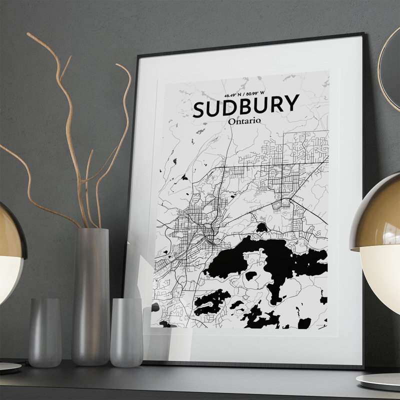 Sudbury City Map, impression, Noir / blanc, H 36 po x l 24 po