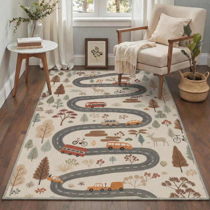 Lullaby Vintage Machine Washable Grey / Beige / Brown Indoor Area Rug with Non-Slip Backing, Round 5'