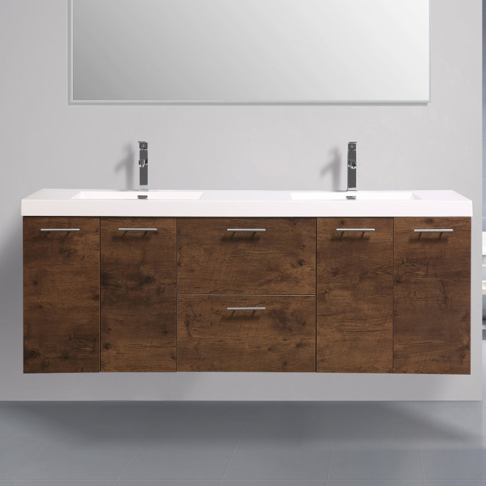Leffler 84" Wall-Mounted Double Bathroom Vanity Set, Rosewood
