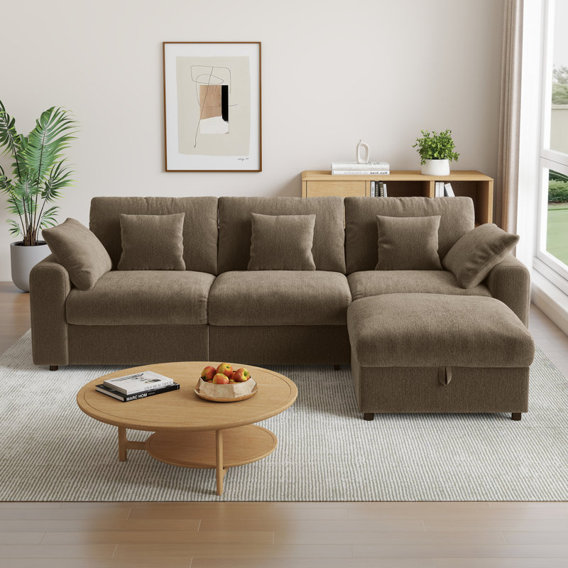 Canapé d'angle modulaire BedLuxury 110 po en chenille moderne avec pouf de rangement, Brown Chenille