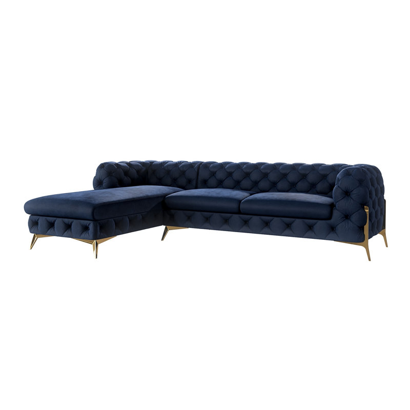 Chesterfield Corner Chaise Sofa  with Gold Metal Legs, Left Hand Facing, Navy Blue