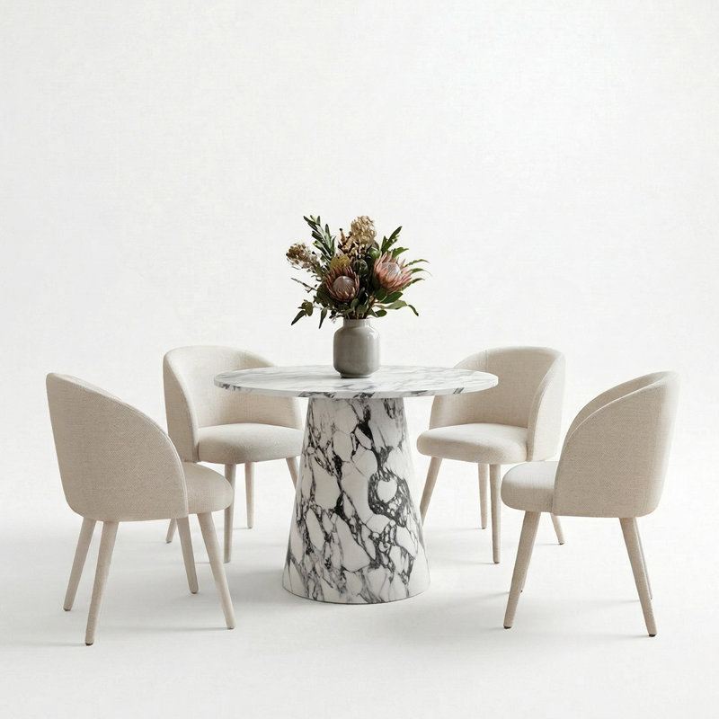 Modern 35" Round Faux Marble Dining Set with 4 Upholstered（Arm） Chairs, White