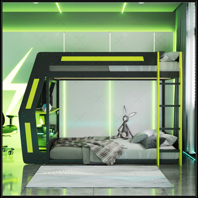 Lit superposé double pleine grandeur avec bureau RVB surdimensionné monté sur le côté, ports de charge USB, œillet à câble et bande lumineuse à DEL pour les amateurs de sports électroniques modernes