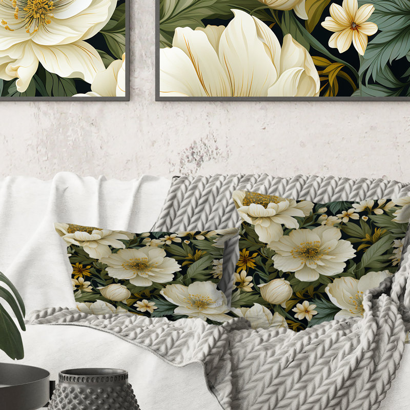 Coussin décoratif à motif floral blanc et vert II, H 16 po x l 16 po