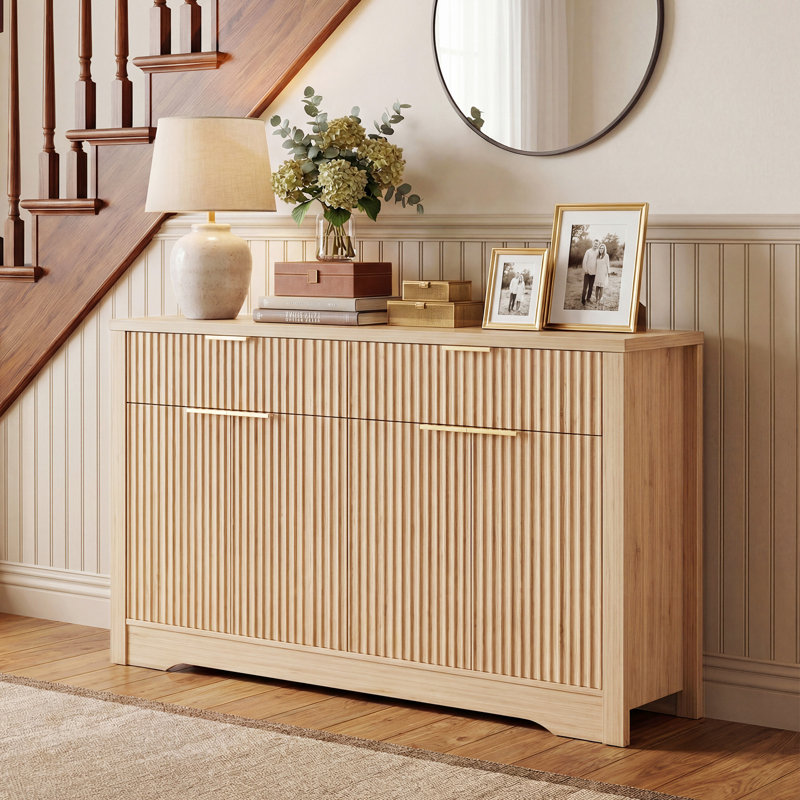 55" Buffet Cabinet with Storage, Drawers, and Adjustable Shelves, Natural Oak