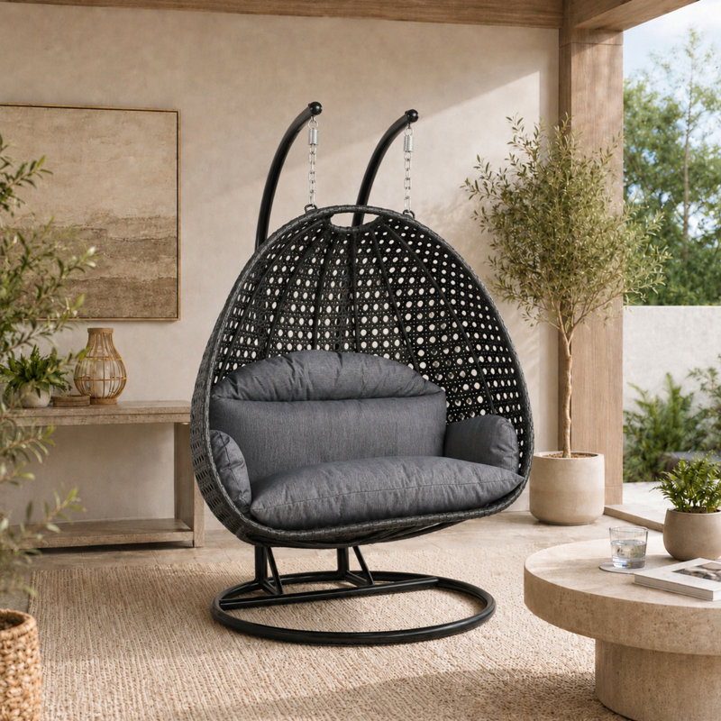 Samaira 2-Person Outdoor Egg Chair with Stand – Extra-Wide Double Hanging Swing Chair with High-Density Cushions & UV-Resistant Wicker for Patio, Backyard, or Indoor Sunroom
