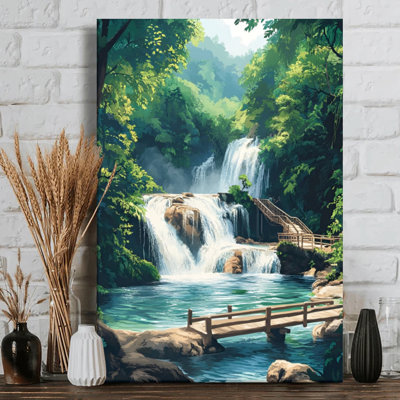 Lush forest with cascading waterfall Canvas Wall Art - wooden bridge over serene stream - 1" Deep Gallery Wrapped - 24" x 36"