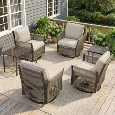6-Piece Outdoor Wicker Rope Woven Swivel Chair Set with Side Table