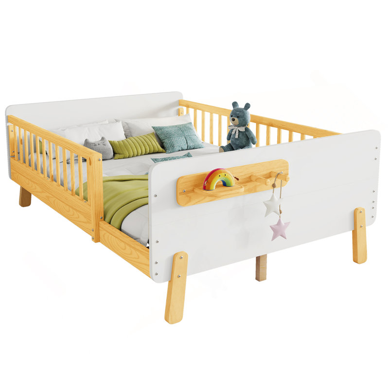 Lit double pour enfants, lit plateforme double en bois avec tête et pied de lit, Lit double,  Blanc