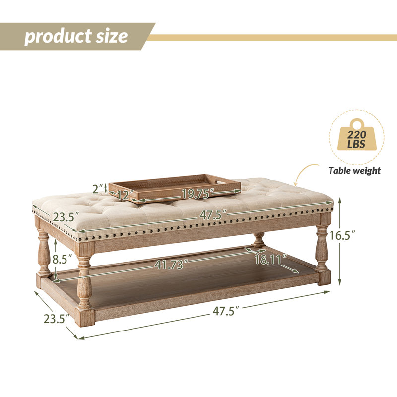 Repose-pieds rectangulaire avec plateau de rangement en bois massif touffeté l 47,5 po Clymer Farmhouse