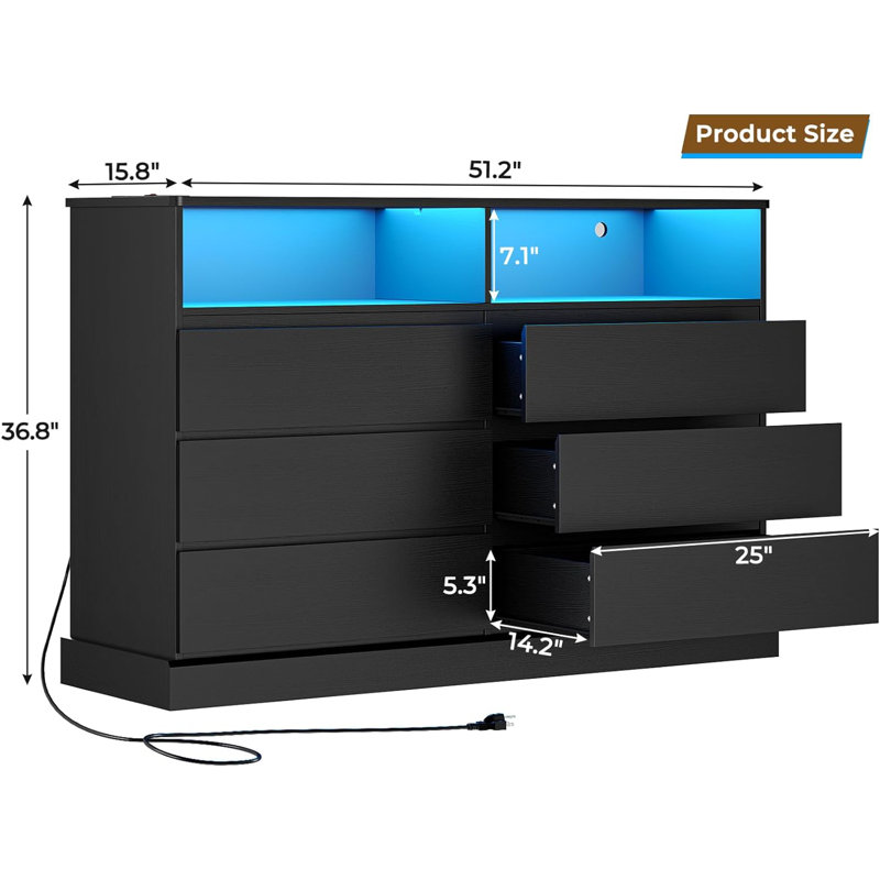 Jaynae 51.2 " W 6 - Drawer Dresser Chest of Drawers, Bedroom Dresser with 6 Drawers, Black, Black
