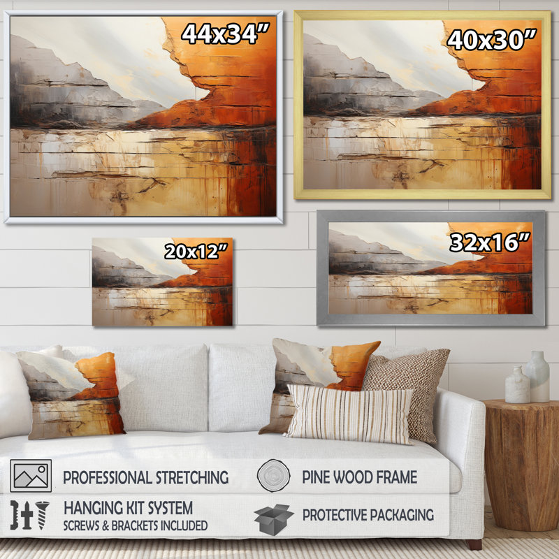 «Grey Orange Gray and Orange Geologique Wonders» sur impression sur toile, H 16 po x l 32 po x P 1 po, Cadre flottant doré