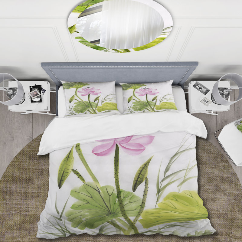 Simple fleur de lotus rétro avec feuilles vertes - ensemble de housse de couette traditionnel - microfibre de polyester