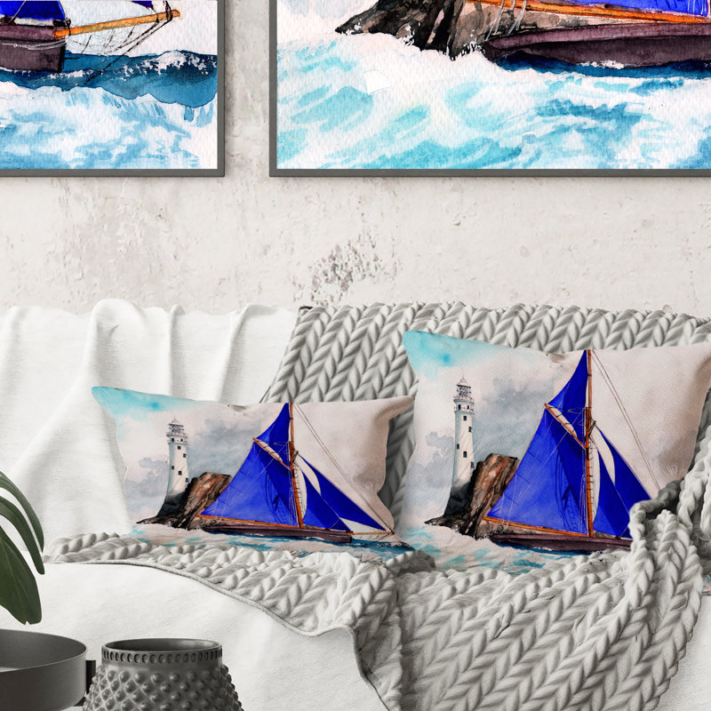 Voilier avec voiles bleues dans une mer orageuse - Coussin décoratif imprimé nautique et côtier 1