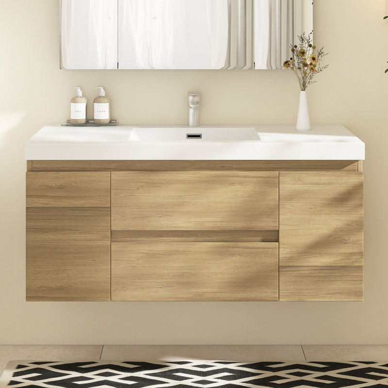 48 po X P 20 po P x 22 po Meuble-lavabo flottant simple H avec plateau en résine blanc brillant, Chêne naturel
