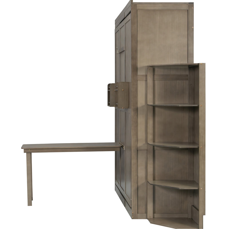 Hidden Bed With Clean Design, 3 - Tier Shelves, And Convertible Work Area, For Small Spaces, Gray Dual Side Desk, Extra , Ideal Multifunctional Home Office,