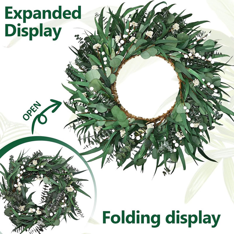 Couronne d'eucalyptus en conserve - Vert - Très grande couronne d'eucalyptus Real-Touch pour porte d'entrée, porche, fenêtre ou décoration intérieure, style maison de campagne toutes saisons