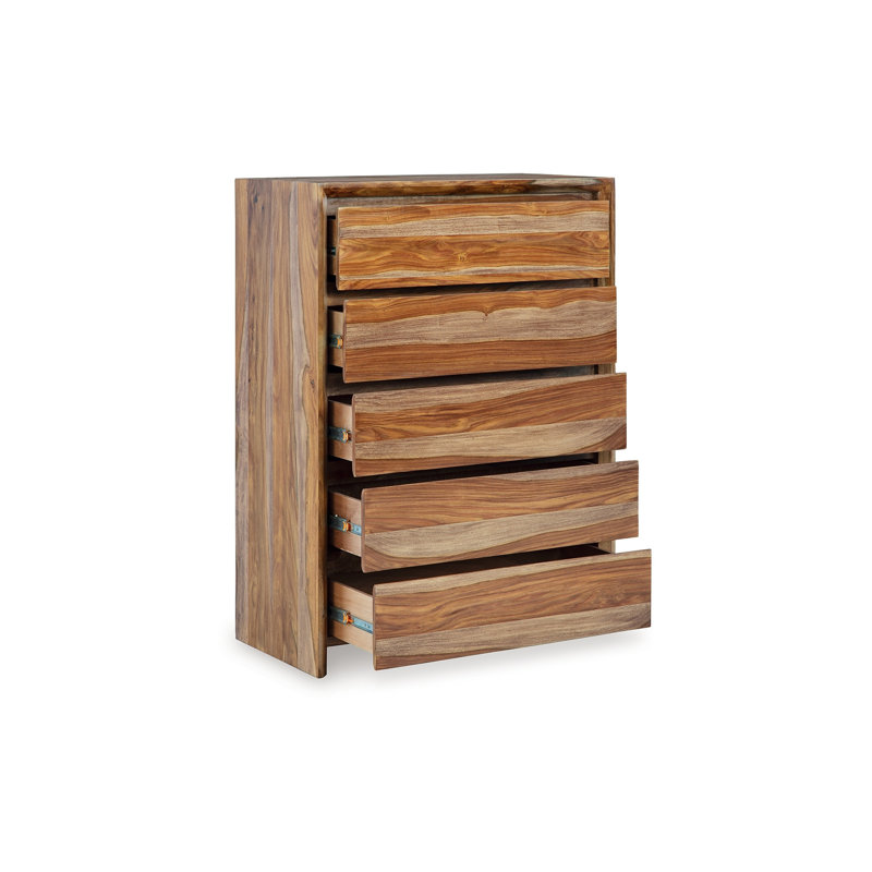 Commode haute 5 tiroirs Donni, bois de sheesham brun, 51 po