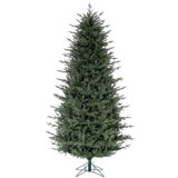 Vickerman 9.5' x 60" Slim Itasca Fraser Fir Artificial Pre-Lit Christmas Tree with 1050 Warm White LED Mini Lights, 3076 Realistic PE/PVC Tips, 6' Step On/Off Power Cord and Folding Metal Tree Stand. Assembly is required.