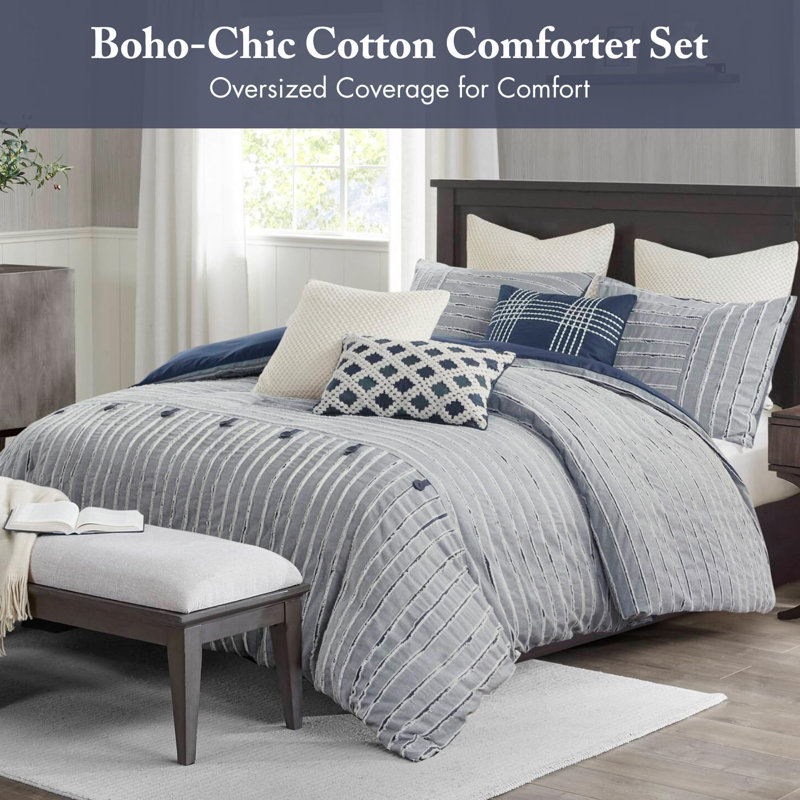 Essence Oversized 100% Cotton Clipped Jacquard Comforter Set, King, Blue