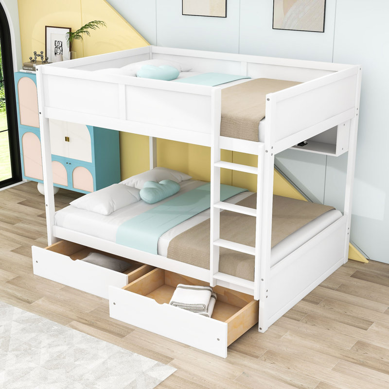 Lit superposé double au-dessus de double avec éclairage à DEL intégré et tiroirs de rangement, tablettes, Blanc
