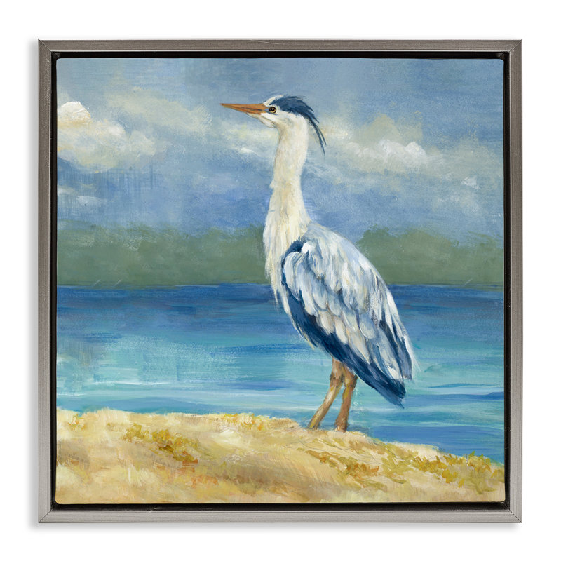 «Heron on Cloudy Beach», art mural sur toile flottante par Lanie Loreth, Cadre flottant gris lustré, H 18 po x l 18 po