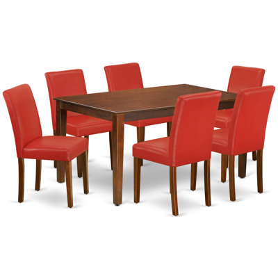 7 Piece Kitchen Table & Chairs Set Consist of a Rectangle Dining Room Table and 6 Firebrick Red Faux Leather Upholstered Chairs, 36x60 Inch, Mahogany
