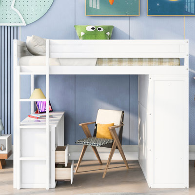 Full Size Loft Bed With Cabinet And Wardrobes In White - Practical Bedroom Addition Wardrobes, 2 Desk Build For Student