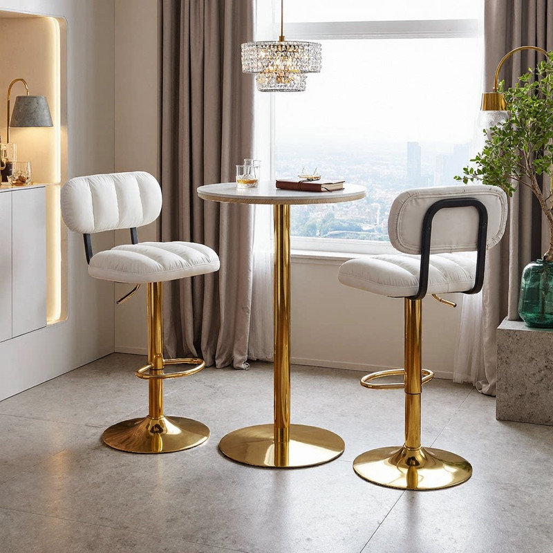 Table bistro à hauteur réglable avec 2 tabourets de bar pivotants - Ensemble bistro pour petits espaces, Or, blanc