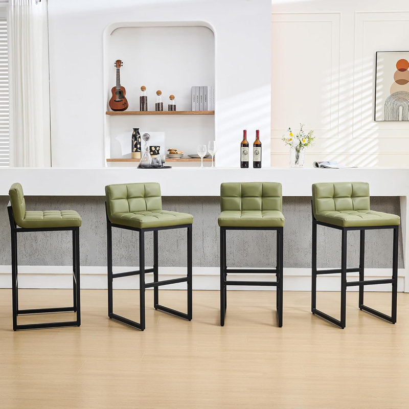 Tabouret de bar rembourré à dossier bas avec structure en métal épaissie pour îlot de cuisine, Vert, 4