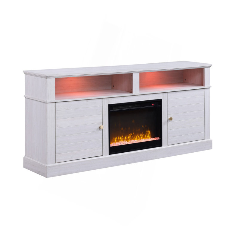Meuble télé avec foyer et chauffage Iris, Blanc/noyer