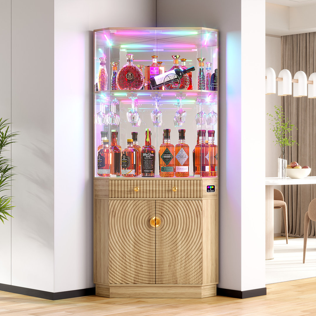 Corner Display Cabinet with Human Body Sensor RGB Lights, Wine Cabinet Liquor Stand with Glass Holder