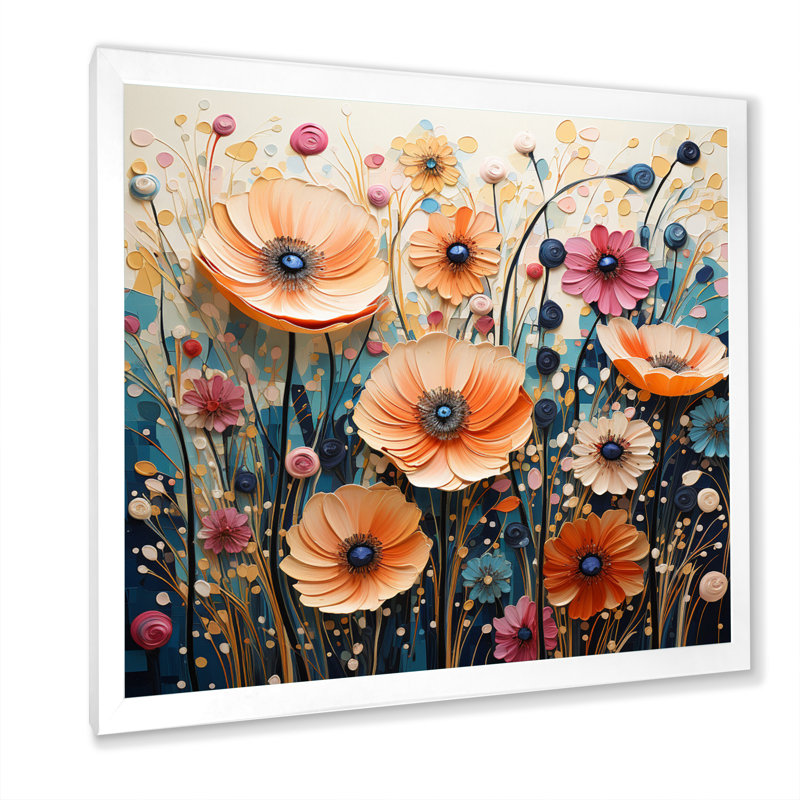 Motif abstrait pointillisme de fleurs sauvages sur toile, Cadre simple blanc, H 24 po x l 24 po x P 1 po