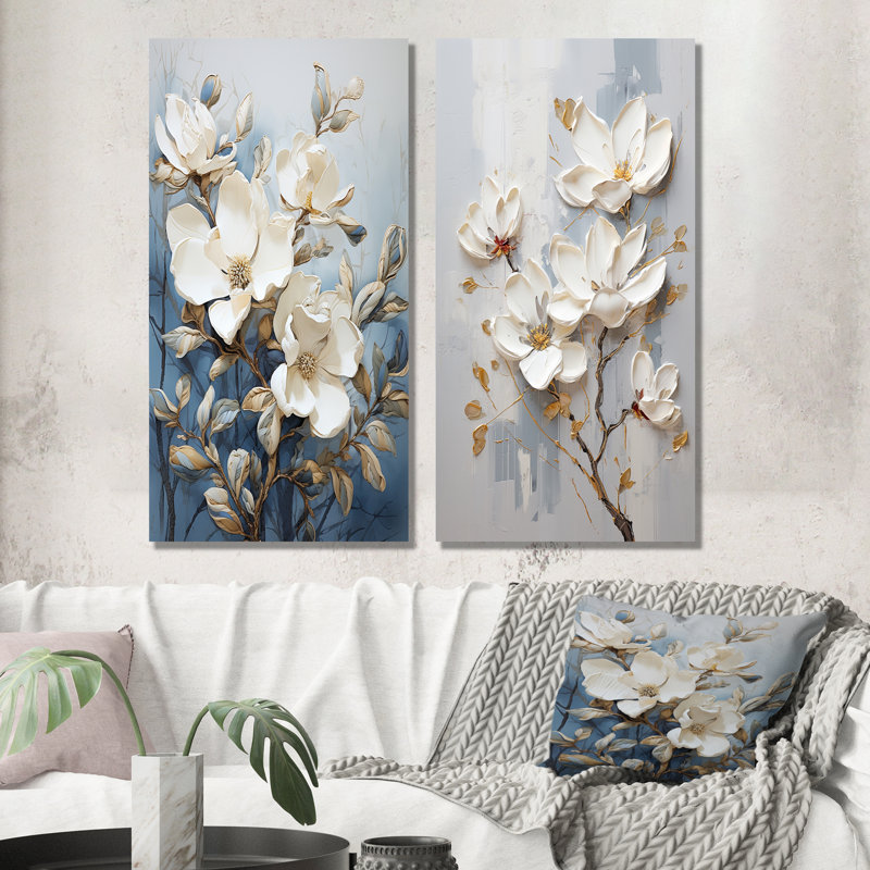 «Magnolias» bleu et blanc, ensemble de 2 reproductions d'art mural Magnolias, Toile tendue, H 28 po x l 25 po