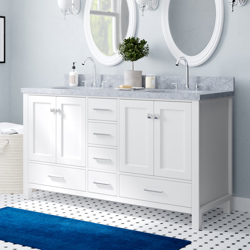 Amariani 61'' Double Bathroom Vanity with Carrara Marble Top, White / Brushed Nickel