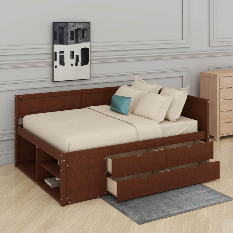 Full Size Daybed With Drawers And Shelves, Walnut, Full