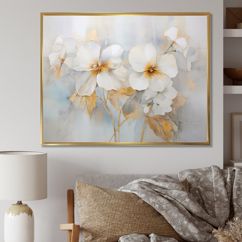 Minimalisme Pansy Radiance Bouquet sur toile, Cadre flottant doré, H 34 po x l 44 po x P 1,5 po