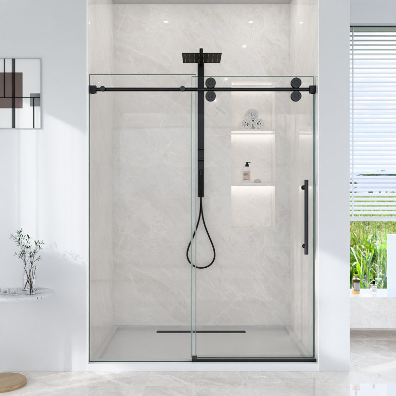 Portes de douche et de baignoire sans cadre modernes, verre trempé transparent, finition noir mat