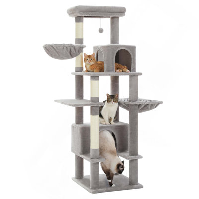 Arbre à chat avec grattoir recouvert de sisal, hamac en métal et deux grands condos pour jouer et se reposer