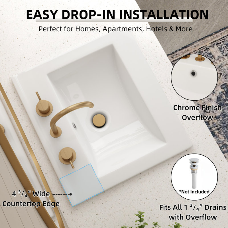 Los Flexi White Drop In Bathroom Sink Ceramic Rectangular with Faucet Hole & Overflow, 20.28" L x 18.31" W x 6.89" H