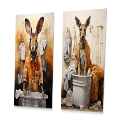 Ensemble de 2 décorations murales en métal brun et blanc Kangaroo Laundry II